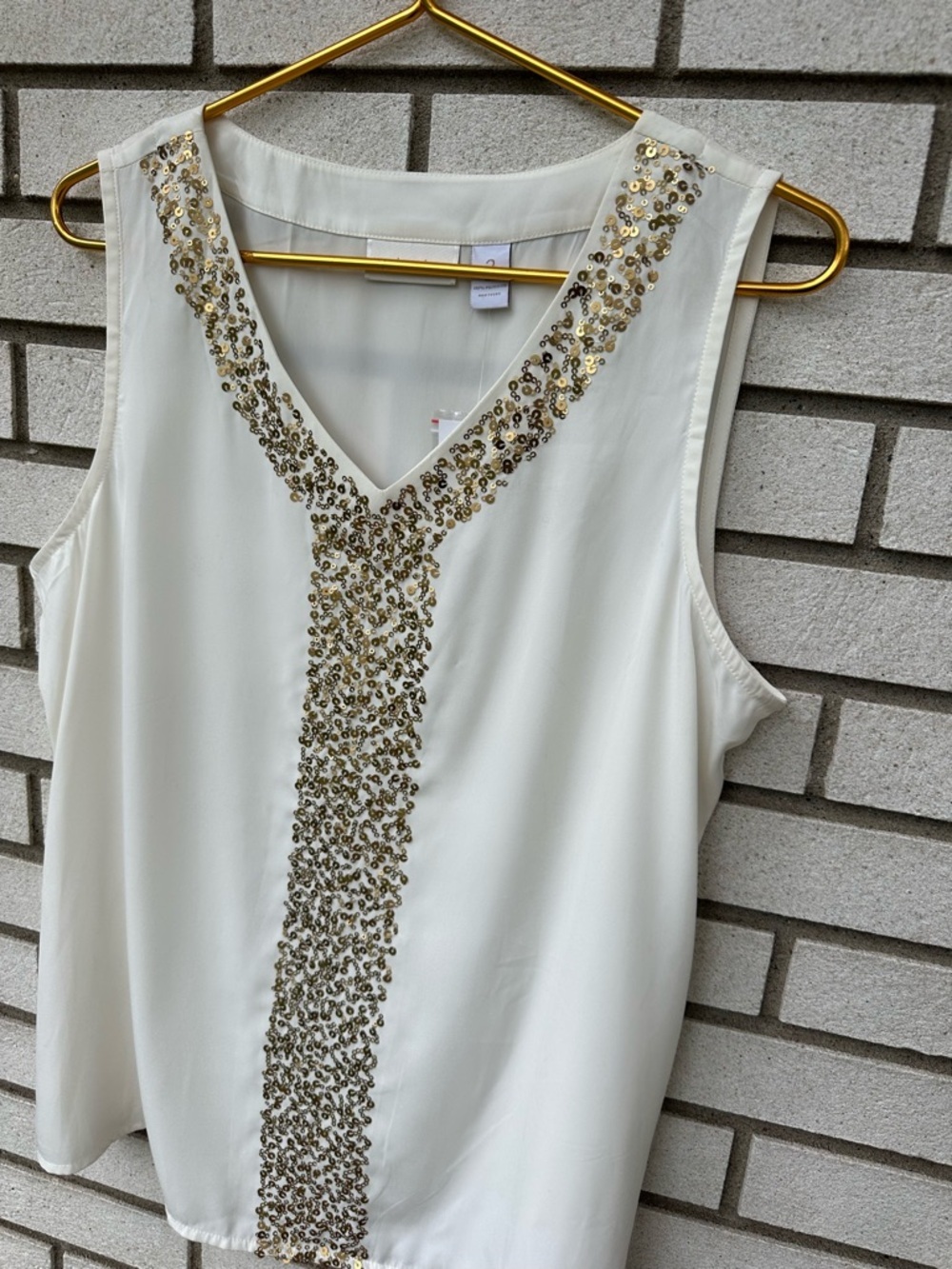 Chico’s Sequin Tank Ecru Sleeveless Blouse Gold Embellished Top L Holiday Glam - Picture 3 of 9